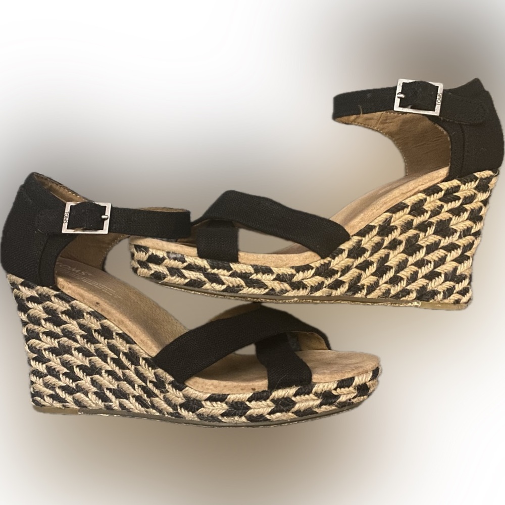 Toms Black, Tan Chevron Wedge Heel Espadrille Sandals